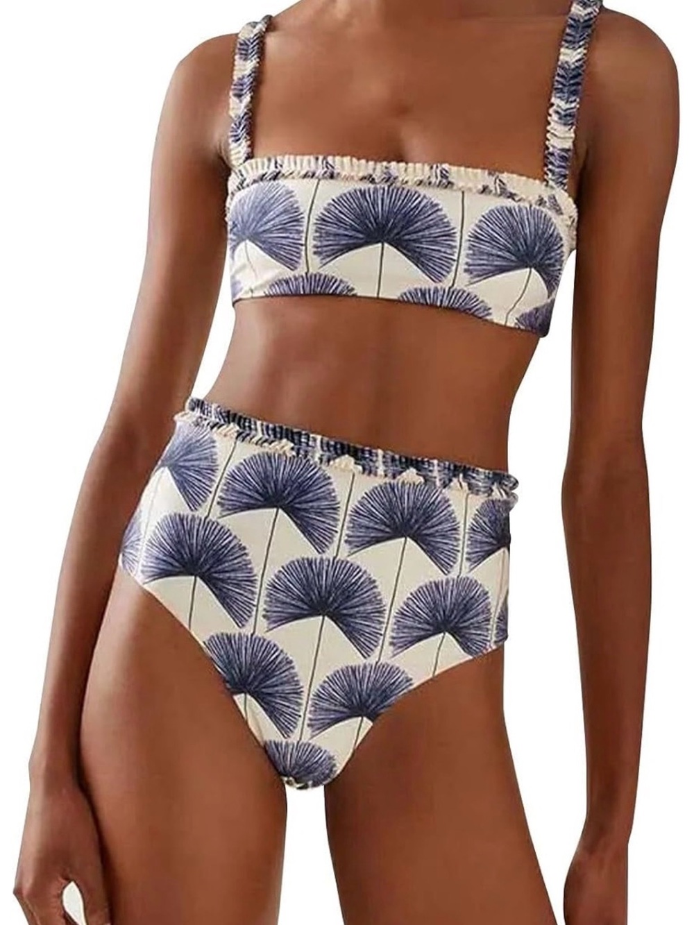 High-Waist Two-Piece Bikini with Navy Fan Print